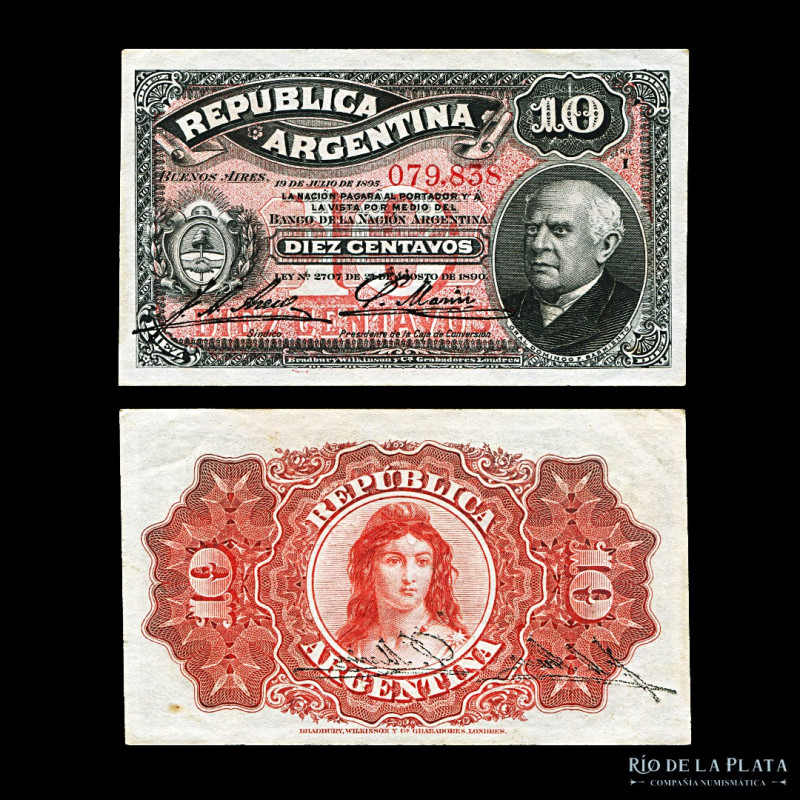 Argentina. Caja de Conversión - Fraccionarios. 10 Centavos 1896 (Sarmiento). Fir...