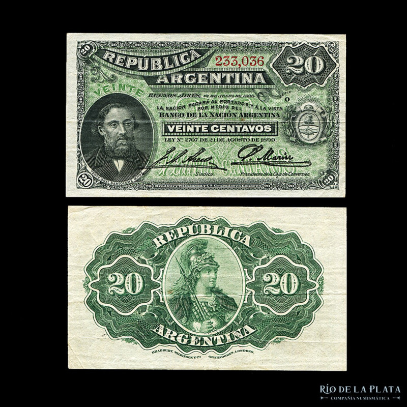 Argentina. Caja de Conversión - Fraccionarios. 20 Centavos 1896 (Mitre). Firmas:...