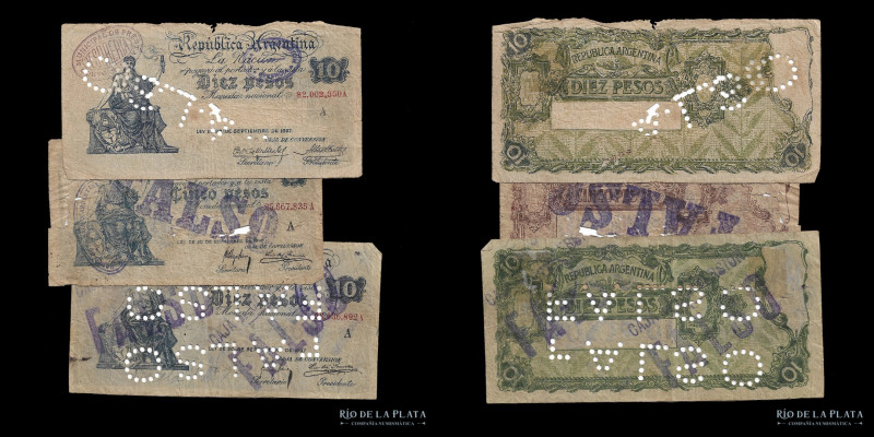 Argentina. 3 billetes Caja Conversion Falsos. 5 y 10 Pesos. (G-VG)

Estimate: ...