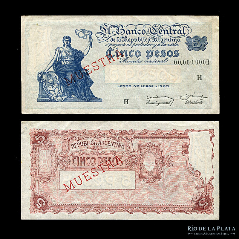 Argentina. BCRA Moneda Nacional. Muestra 5 Pesos 1956 Serie H. Firmas: Real - Al...