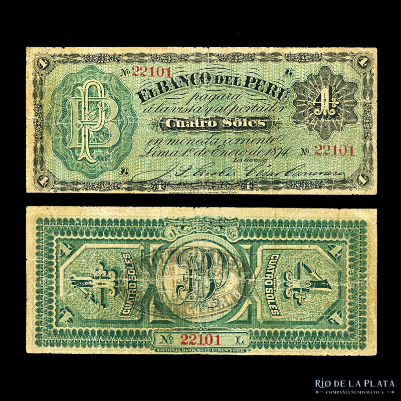 Perú. El Banco del Perú. 4 Soles 1874. Resello negro en reverso. Ps364a (F)

E...