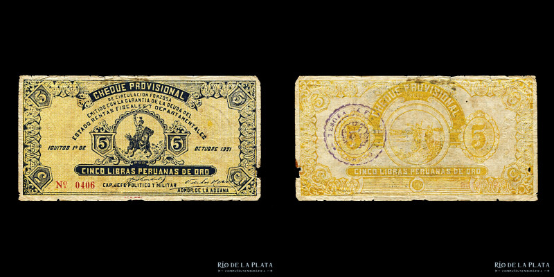 Perú. 5 Libras 1921. Cheque Provisional. Revolución de Iquitos. Ps607 (VF)

Es...