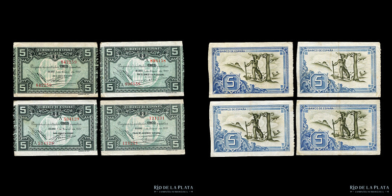 España. Bilbao. Lote x 4 billetes de 5 Pesetas 1937, diferentes bancos. (VF)

...