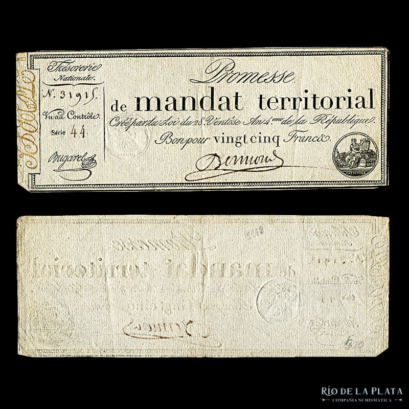 Francia. Assignat. Promesse de Mandat Territorial 25 Francs 1796. Firma: Bermoun...