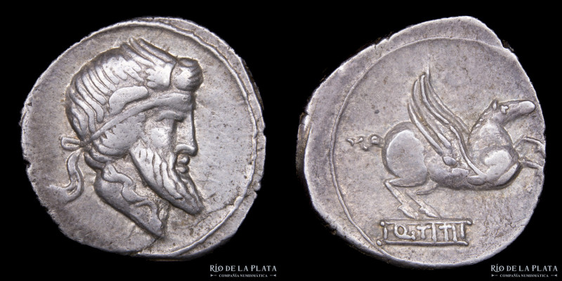 Roman Republic. Q. Titius 90BC, AR Denarius. Rome mint. 18.2mm; 3.90g; 7h. A: He...