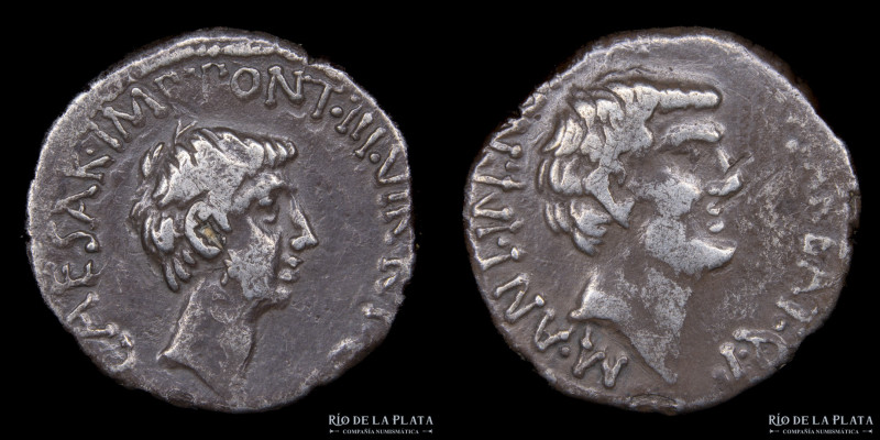 Roma Imperatorial. Mark Antony and Octavian. AR Denarius, moving militar mint (4...