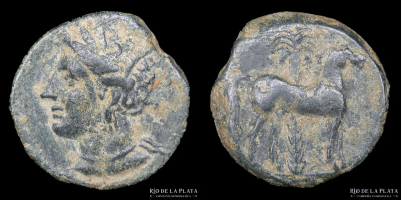 Zeugitania, Cartago (400-350AC) AE Unidad. 16.5mm; 2.93g. A: Cabeza de Tanit a i...