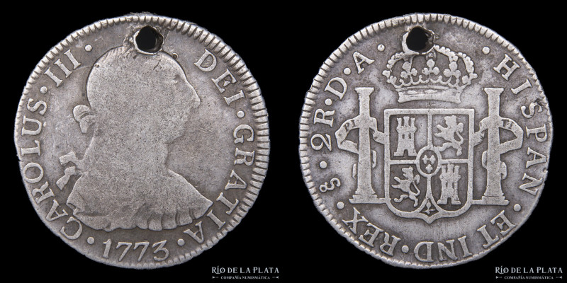 Santiago. (Chile) Carlos III (1759-1788) 2 Reales 1773 DA. Muy escasa, primer añ...