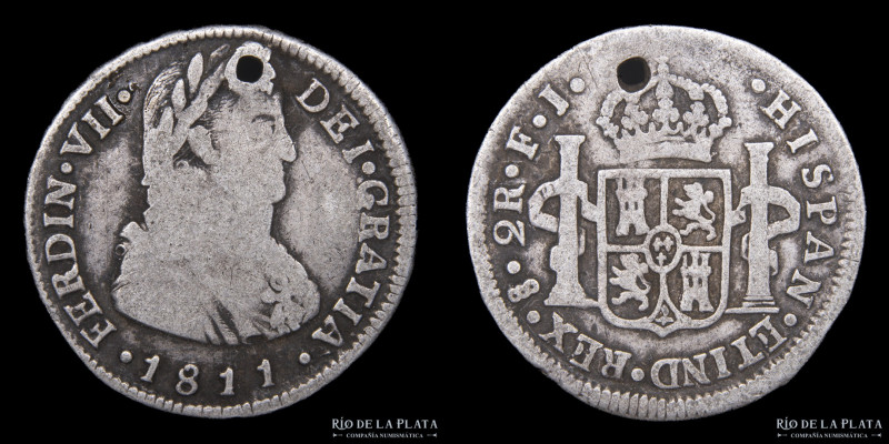 Santiago. (Chile) Fernando VII (1808-1833) 2 Reales 1811 FJ. AG.896, 28mm; 6.59g...