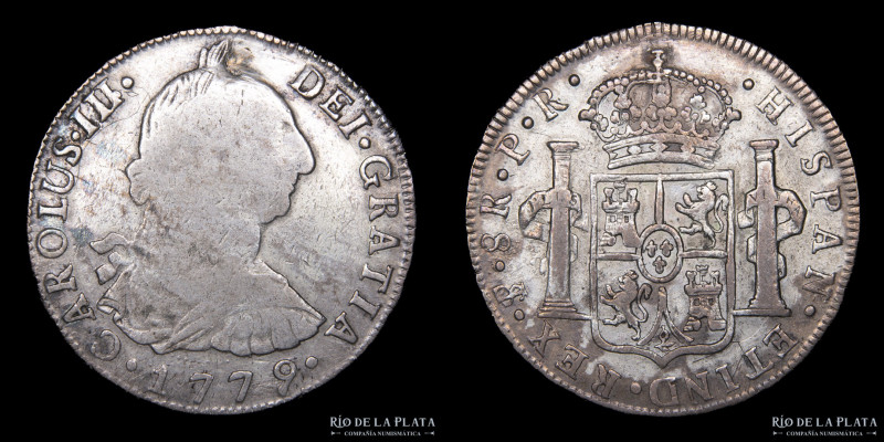 Potosí. Carlos III (1759-1788) 8 Reales 1779 PR (Pedro Mazondo, Raymundo de Ytur...