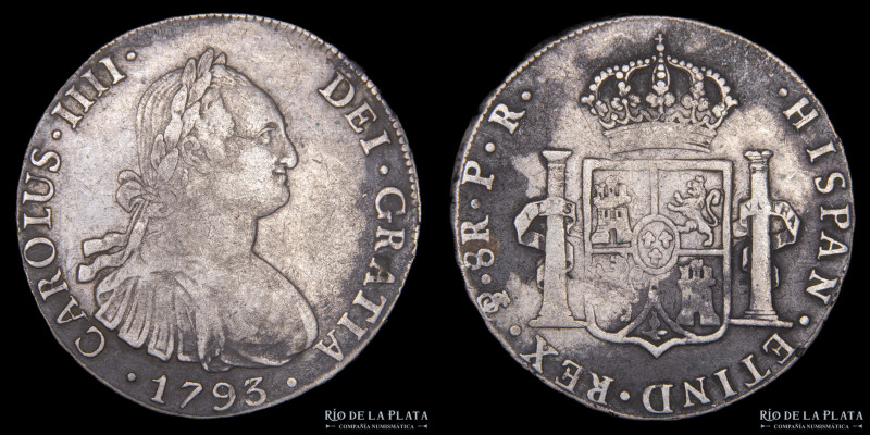 Potosí. Carlos IV (1788-1808) 8 Reales 1793 PR (Pedro Mazondo, Raymundo de Yturr...