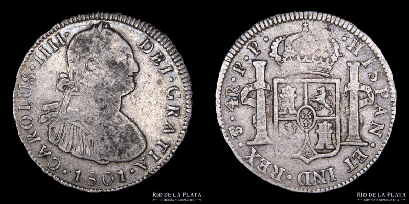 Potosí. Carlos IV (1788-1808) 4 Reales 1801 PP (Pedro Mazondo, Pedro Martín Albi...