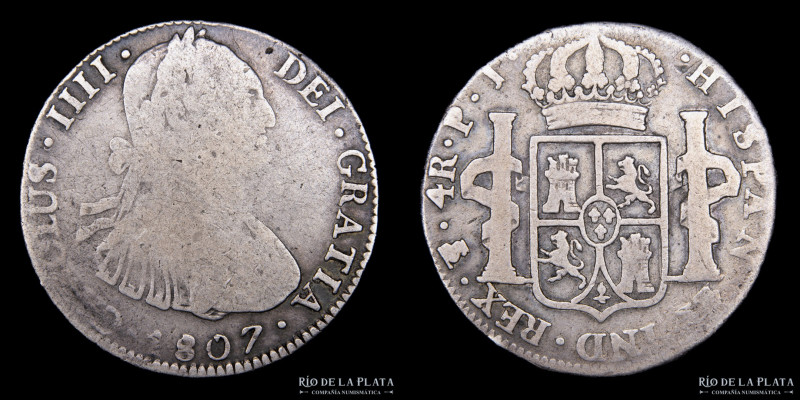 Potosí. Carlos IV (1788-1808) 4 Reales 1807 PJ (Pedro Martín Albizu, Juan Palomo...