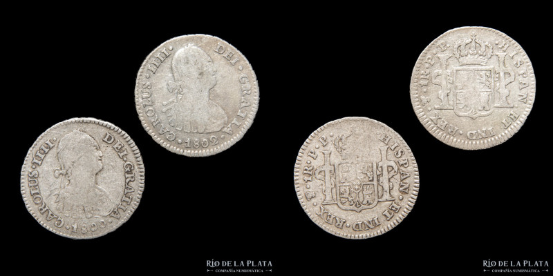Potosí. Carlos IV (1788-1808) 1 Real 1800 y 02 PJ. AG.903; 6.64g. Lote x2

Est...