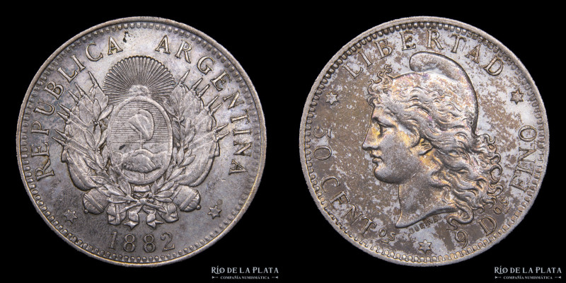 Argentina. 50 Centavos 1882. 1/2 Patacón. AG.900, 30.1mm; 12.50g. Buenos Aires m...