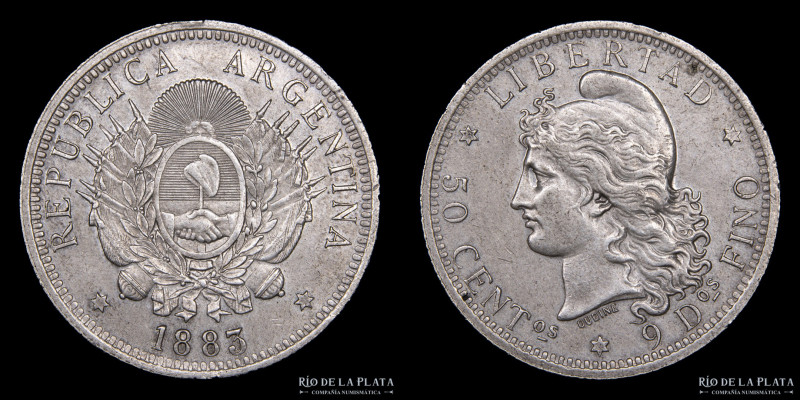 Argentina. 50 Centavos 1883. 1/2 Patacón. AG.900, 30.1mm; 12.50g. Buenos Aires m...