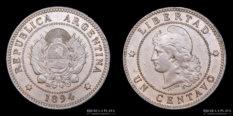 Argentina. 1 Centavo 1894. Buenos Aires mint. CU, 25.0mm; 5.00g. CJ 49; KM 32. (...