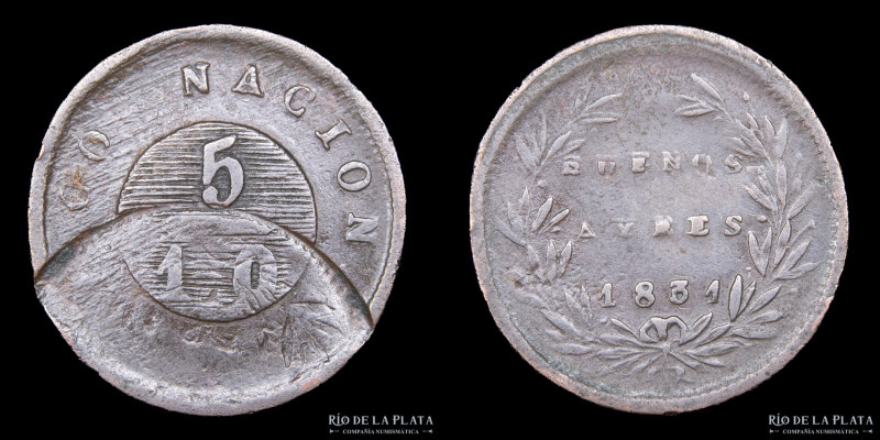 Argentina. Error. 5 Décimos 1831. Acuñada sobre un cospel que tenia un incuso pa...