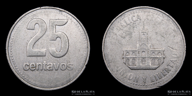 Argentina. Error. 25 Centavos 1993/4. Importante empaste. Sin fecha visible. CuN...