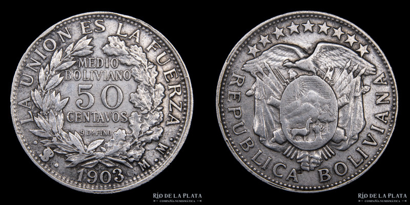 Bolivia. 50 Centavos 1903 MM. AG.900; 29mm; 11.51g KM175.1. (XF)

Estimate: US...