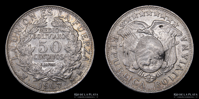 Bolivia. 50 Centavos 1907 MM. AG.900; 29mm; 11.51g KM175.1. (XF)

Estimate: US...