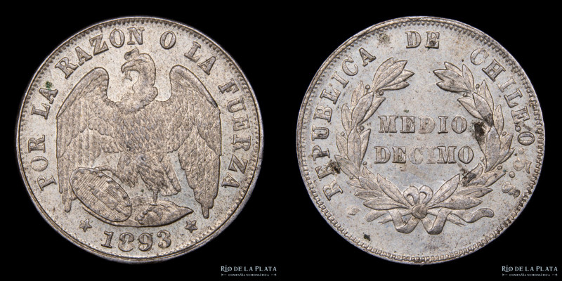 Chile. 1/2 Décimo 1893. AG.500; 19.5mm; 1.27g. KM137 (UNC)

Estimate: USD 20-4...