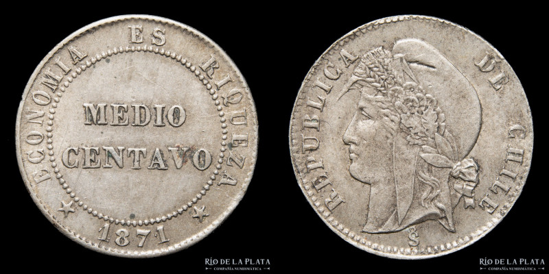 Chile. 1/2 Centavos 1871. Cu-Ni; 19mm; 3.02g. KM145 (VF+)

Estimate: USD 15-30