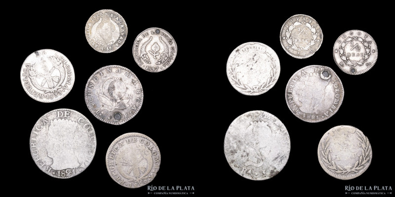 Colombia 1821 a 1847. Lote x6. Plata republicana. Incluye escasas. Algunas perfo...