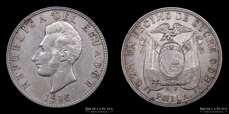 Ecuador. 1/10 de Sucre 1916 PHILA. AG.900; 18.0mm; 2.49g. KM50.5 (UNC)

Estima...