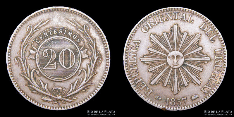 Uruguay. 20 Centésimos 1857. CU, 34mm; 17.43g. KM 9 (XF)

Estimate: USD 30-60