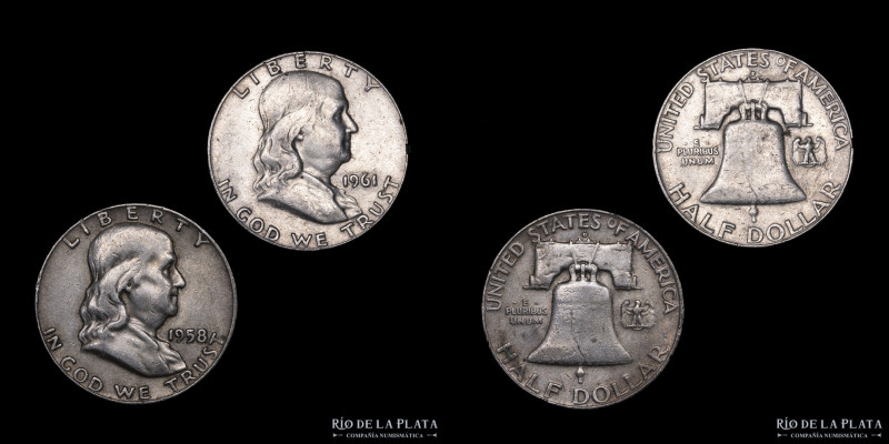 USA. Half Dollar. 1958 y 61. Franklin. AG.900; 30mm; 24.77g totales. KM199

Es...