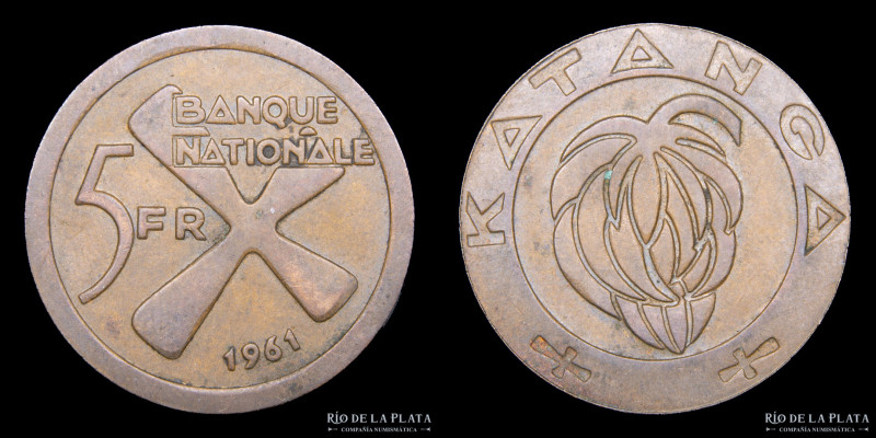 Katanga (Actualmente Congo) 5 Franks 1961. AE; 26.3mm; 6.55g. KM2 (VF+)

Estim...