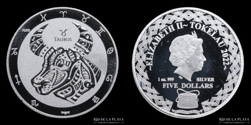 Tokelau. 5 Dollars 2022. Zoodiaco. Taurus. Plata. AG.999; 38.6mm; 31.1g. (Proof)...