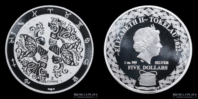 Tokelau. 5 Dollars 2022. Zoodiaco. Gemini. Plata. AG.999; 38.6mm; 31.1g. (Proof)...