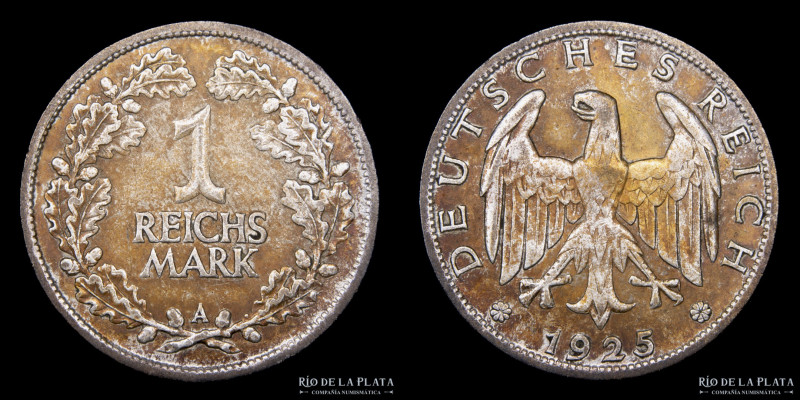 Alemania. Weimar. 1 Mark 1925 A. AG.500; 23.0mm; 5.00g. KM42 (XF)

Estimate: U...