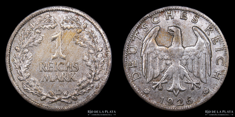 Alemania. Weimar. 1 Mark 1926 D. AG.500; 23.0mm; 5.00g. KM44 (XF)

Estimate: U...