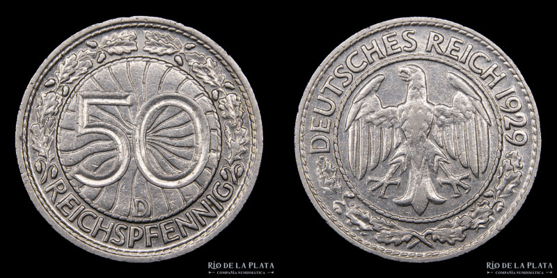 Alemania. 50 Reichspfennig 1929 D. Cu-Ni; 20.0mm; 3.50g. KM49 (AU) Escasa

Est...