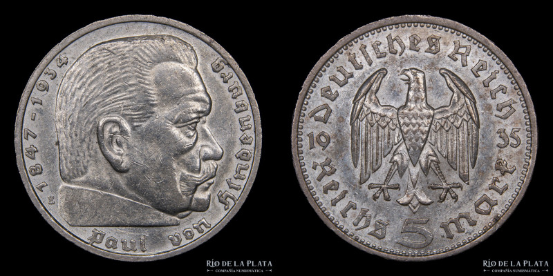 Alemania. 5 Reichsmark 1935 E. AG.900; 29.0mm; 13.90g. KM86 (AU)

Estimate: US...