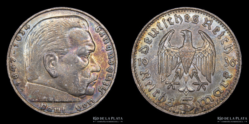 Alemania. 5 Reichsmark 1936 D. AG.900; 29.0mm; 13.90g. KM86 (XF) 

Estimate: U...