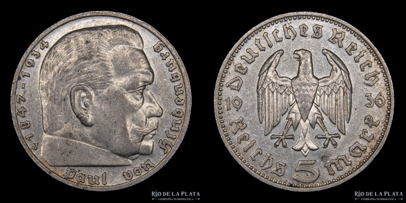 Alemania. 5 Reichsmark 1936 E. AG.900; 29.0mm; 13.90g. KM86 (XF) Pátina oscura m...