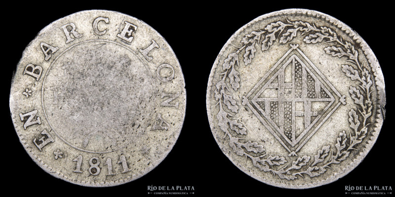 España. Jose Napoleon. 1 Peseta 1811. AG.812; 26mm; 5.29g. KM70 (G) Cospel algo ...