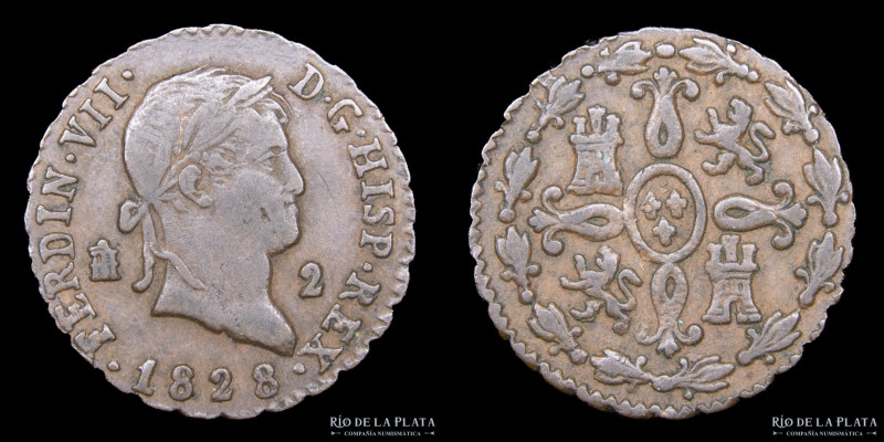 España. Fernando VII (1808-1833) 2 Maravedis 1828. Ceca de Segovia. CU; 21.0mm; ...