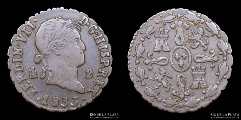 España. Fernando VII (1808-1833) 2 Maravedis 1833. Ceca de Segovia. CU; 21.0mm; ...