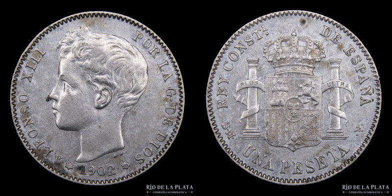 España. Alfonso XIII (1886-1931) 1 Peseta 1902. AG.835, 23.0mm; 5.00g. KM706 (XF...