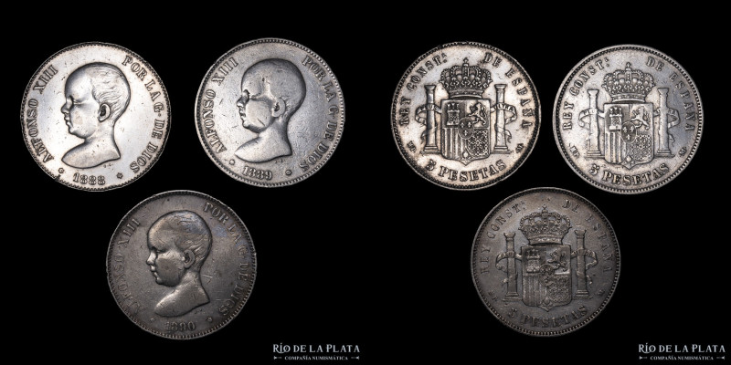 España. Alfonso XIII. 1888, 89 y 90. Lote x3. AG.900; 74.11g. Totales. A clasifi...