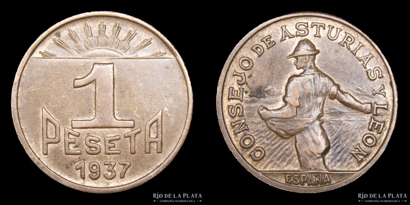 España. Asturias y León. 1 Peseta 1937. Cu.; 22.5 mm; 4.89g. KM2 (XF)

Estimat...