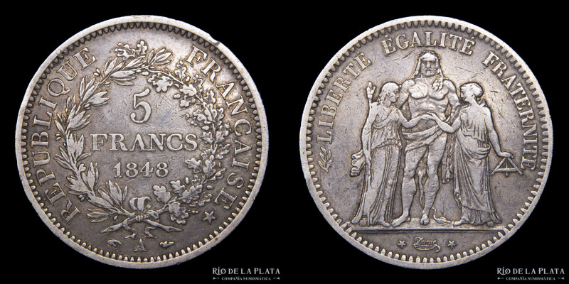 Francia (2º República) 5 Francs 1848A. Paris Mint. AG.900; 37.0mm; 24.87g. KM756...