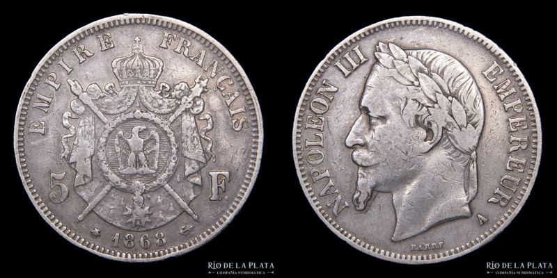 Francia. Napoleón III (1852-1870) 5 Francs 1868A. Paris mint. AG.900; 37.0mm; 24...