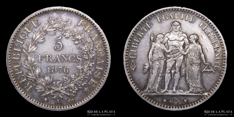 Francia (3º República) 5 Francs 1876A. AG.900; 37.0mm; 24.97g. KM820.1 (VF+)

...