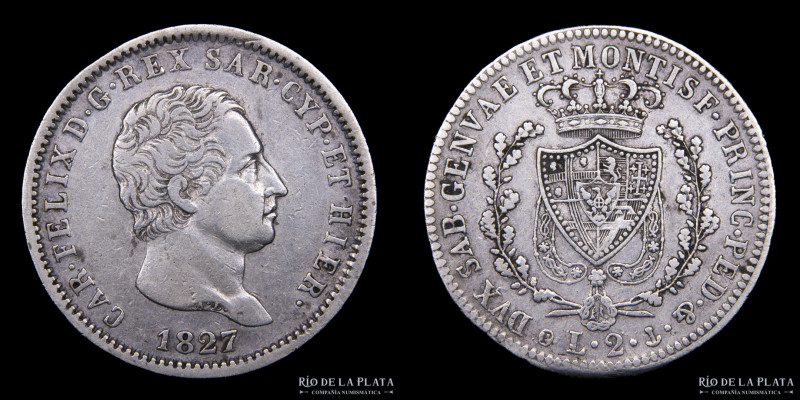 Cerdeña. Carlo Felice (1821-1831) 2 Lira 1827P, Ceca de Torino. AG.900; 26.5mm; ...